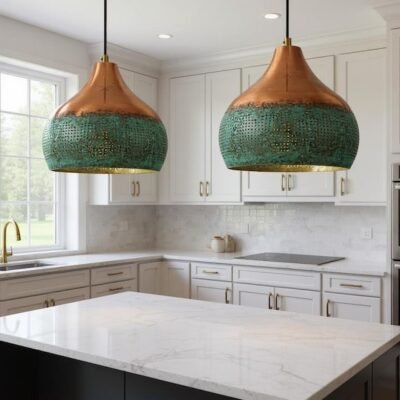 Handmade Copper Pendant Light: Green Patina Moroccan Lamp
