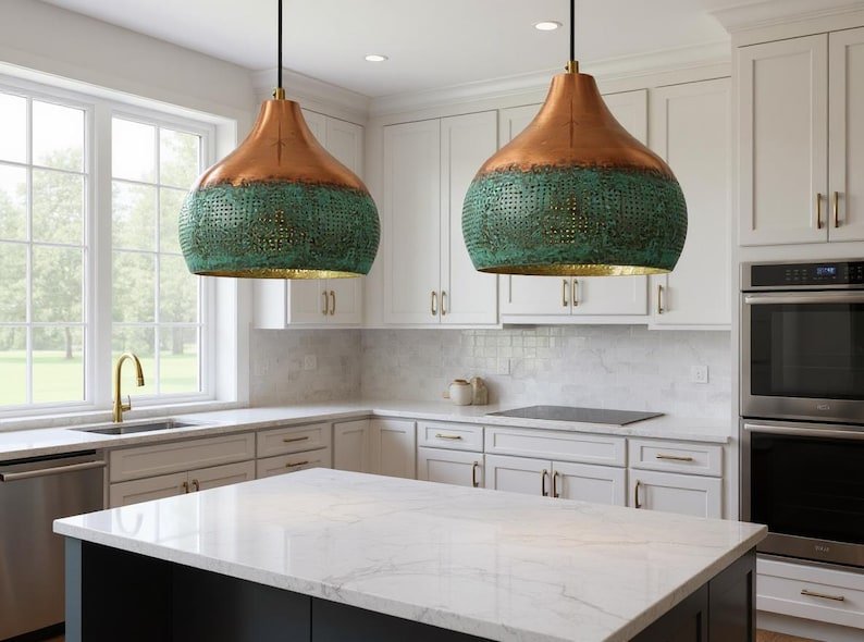 Handmade Copper Pendant Light: Green Patina Moroccan Lamp