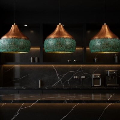 Handmade Copper Pendant Light: Green Patina Moroccan Lamp