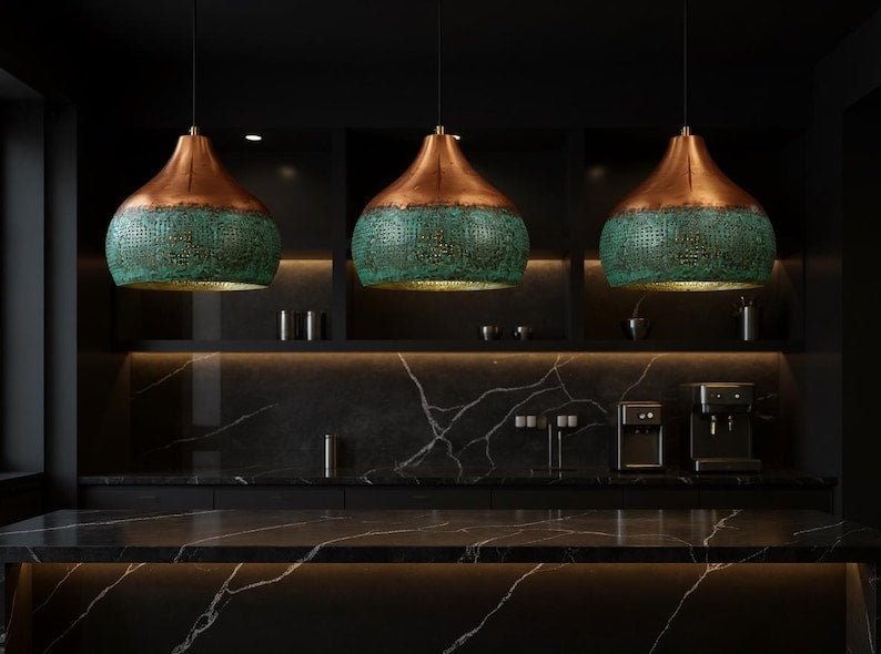 Handmade Copper Pendant Light: Green Patina Moroccan Lamp