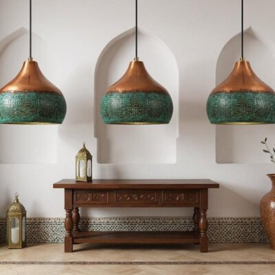 Handmade Copper Pendant Light: Green Patina Moroccan Lamp
