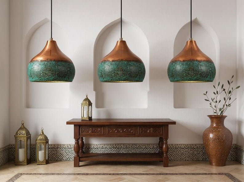 Handmade Copper Pendant Light: Green Patina Moroccan Lamp
