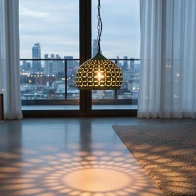 Hand-Carved Copper Pendant Light: Green Patina Oxidized Brass Dome Lamp