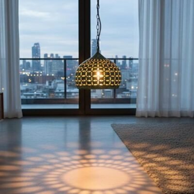 Hand-Carved Copper Pendant Light: Green Patina Oxidized Brass Dome Lamp