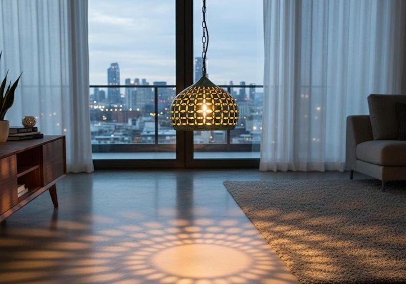 Hand-Carved Copper Pendant Light: Green Patina Oxidized Brass Dome Lamp