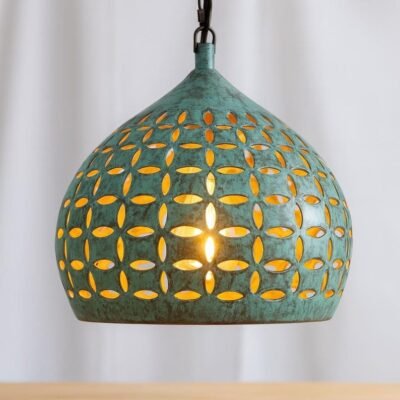 Hand-Carved Copper Pendant Light: Green Patina Oxidized Brass Dome Lamp