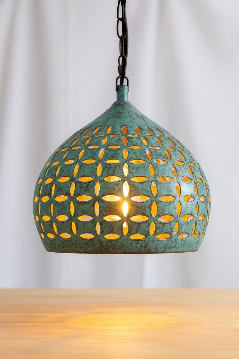 Hand-Carved Copper Pendant Light: Green Patina Oxidized Brass Dome Lamp