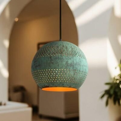 products-HammeredDomeCeilingLamp6 Handmade Green Patina Perforated Globe Pendant