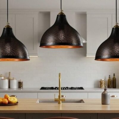 products-HammeredMetalDomeLamp1 Set of 3 Pierced Black Pendant Lights with Gold Interior