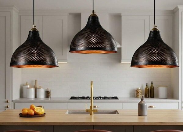 Set of 3 Pierced Black Pendant Lights with Gold Interior