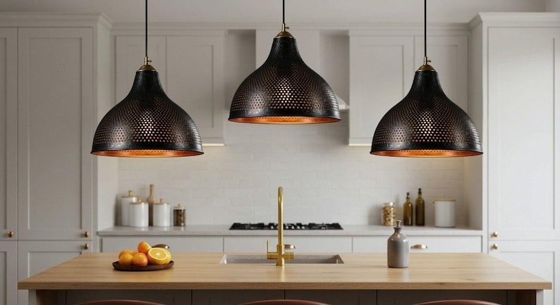 products-HammeredMetalDomeLamp1 Set of 3 Pierced Black Pendant Lights with Gold Interior