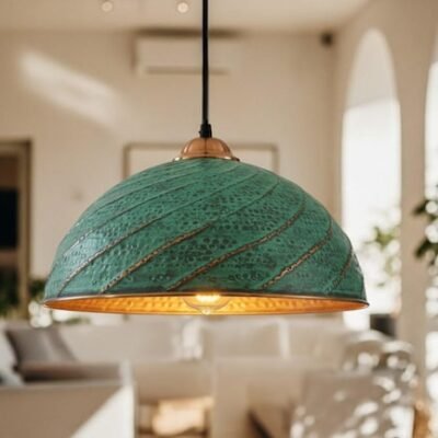 Hand Hammered Copper Pendant Light: Moroccan Green Patina Ceiling Lamp Hand Hammered Copper Pendant Light: Moroccan Green Patina Ceiling Lamp