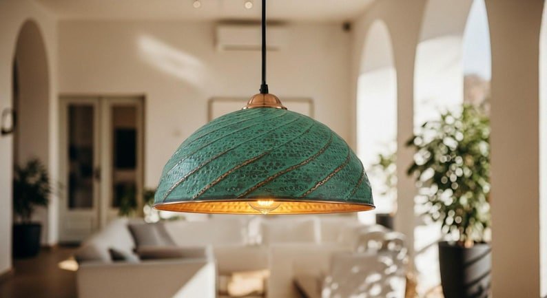 Hand Hammered Copper Pendant Light: Moroccan Green Patina Ceiling Lamp Hand Hammered Copper Pendant Light: Moroccan Green Patina Ceiling Lamp