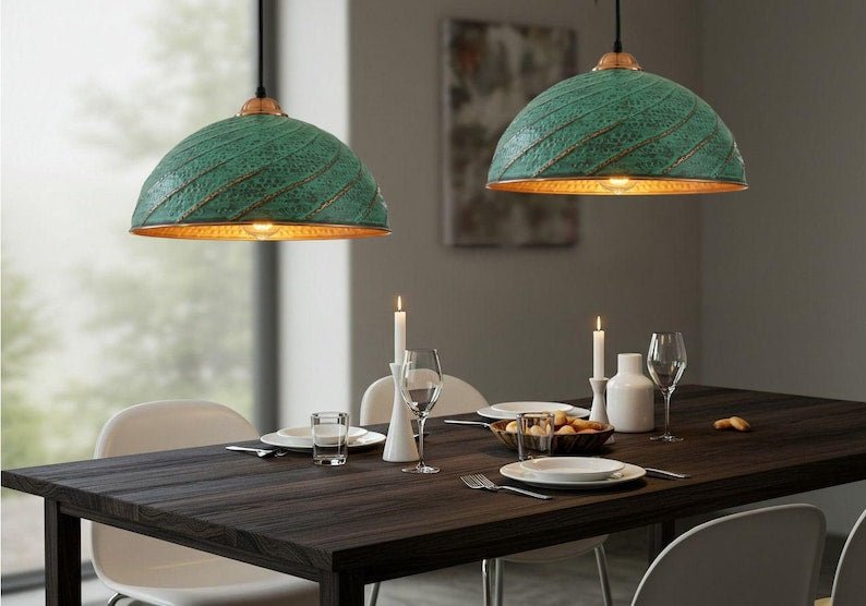 Hand Hammered Copper Pendant Light: Moroccan Green Patina Ceiling Lamp Hand Hammered Copper Pendant Light: Moroccan Green Patina Ceiling Lamp