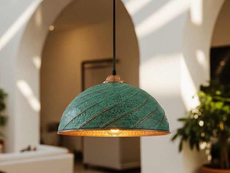 Hand Hammered Copper Pendant Light: Moroccan Green Patina Ceiling Lamp Hand Hammered Copper Pendant Light: Moroccan Green Patina Ceiling Lamp