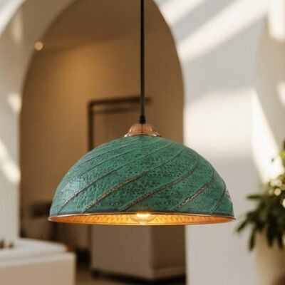 Hand Hammered Copper Pendant Light: Moroccan Green Patina Ceiling Lamp Hand Hammered Copper Pendant Light: Moroccan Green Patina Ceiling Lamp