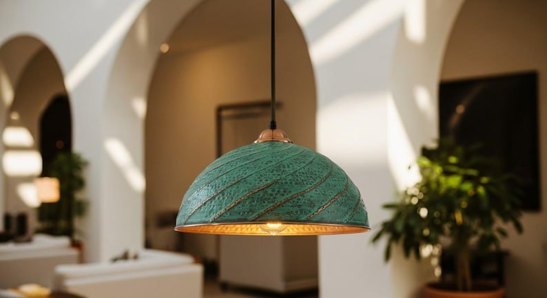 Hand Hammered Copper Pendant Light: Moroccan Green Patina Ceiling Lamp Hand Hammered Copper Pendant Light: Moroccan Green Patina Ceiling Lamp