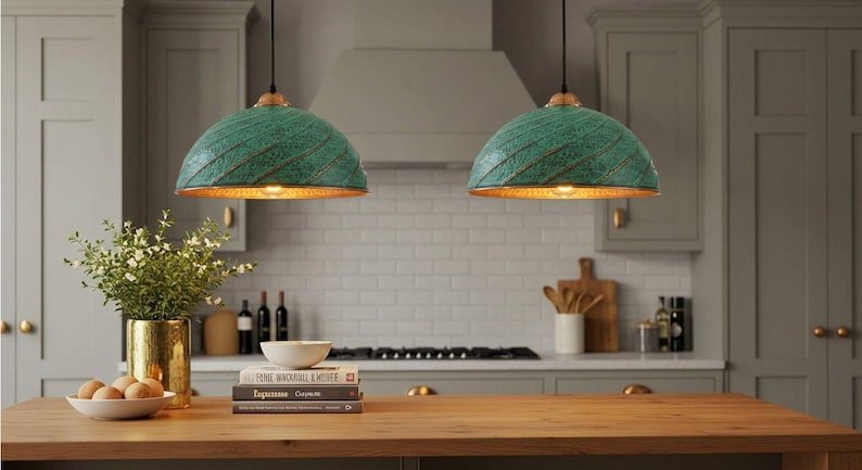 Hand Hammered Copper Pendant Light: Moroccan Green Patina Ceiling Lamp Hand Hammered Copper Pendant Light: Moroccan Green Patina Ceiling Lamp