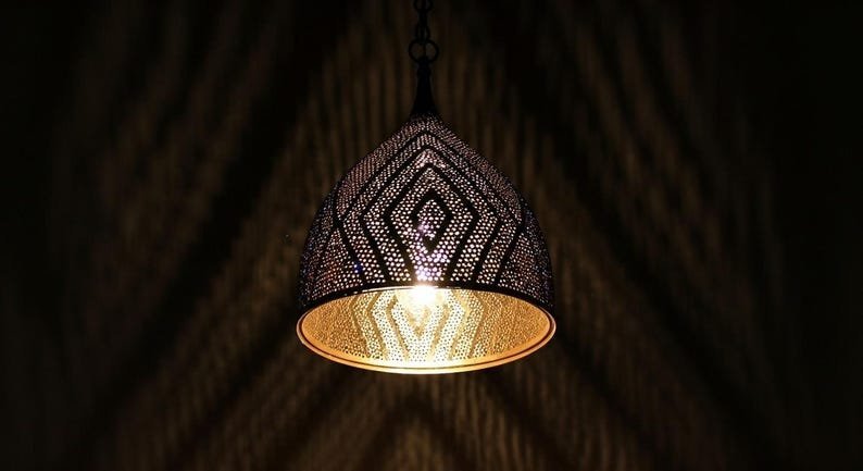 Handmade Moroccan Brass Cone Pendant Geometric Shadow Ceiling Light
