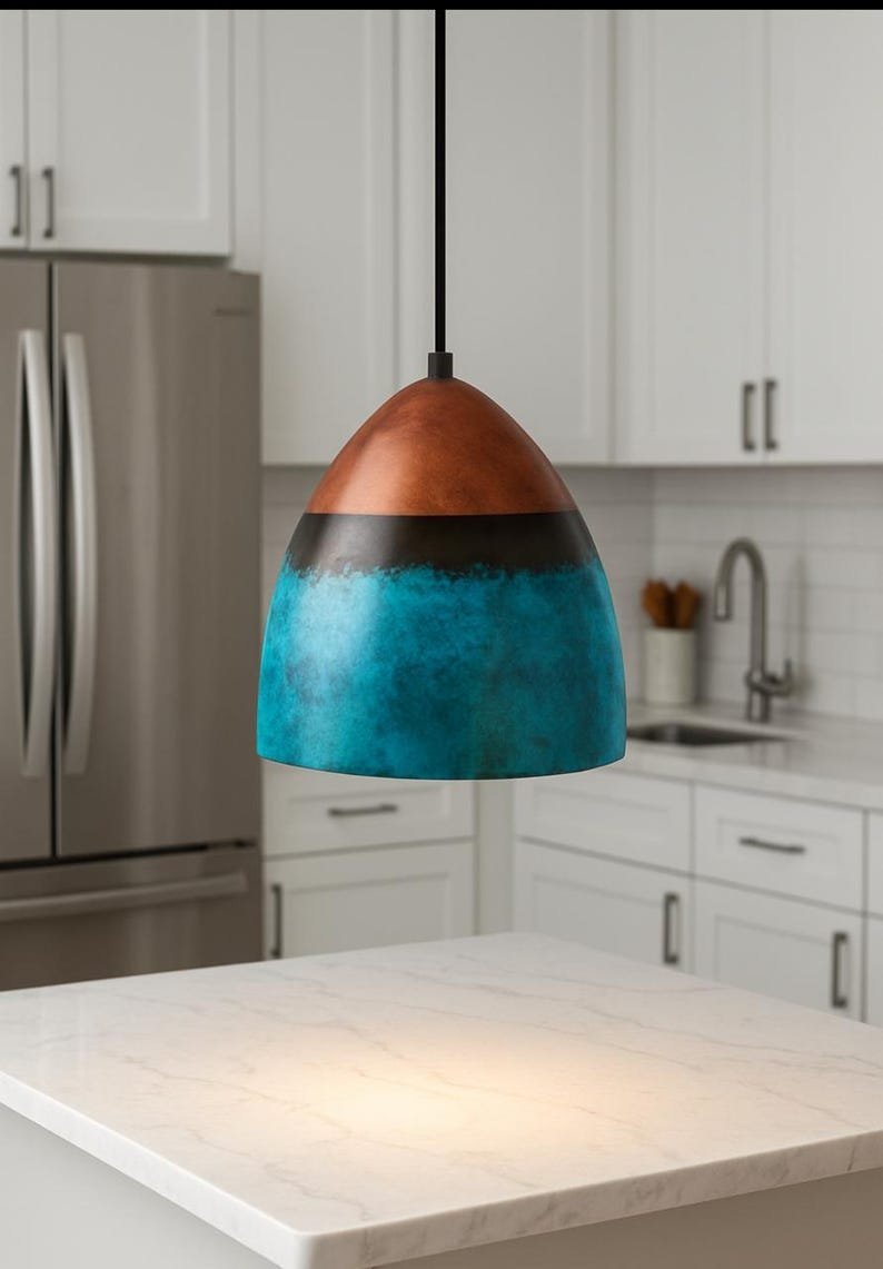 Handcrafted Turquoise Patina Copper Pendant Light