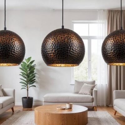 Set of 3 Hammered Copper Pendant Lights