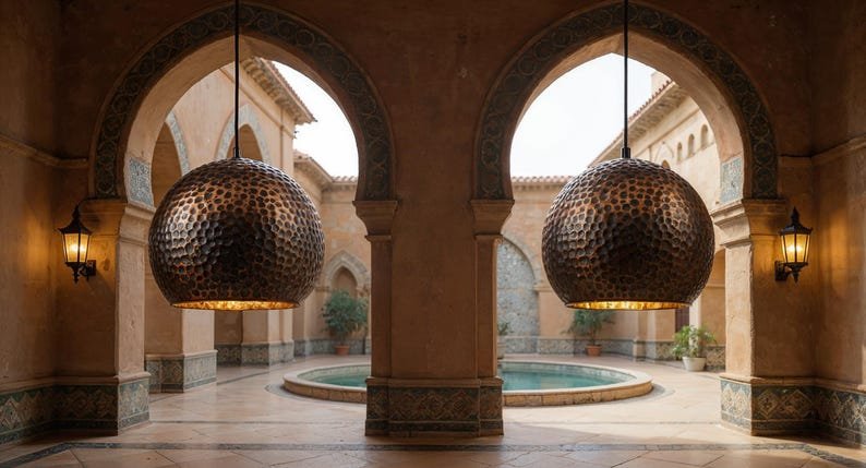 Handcrafted Patina Copper Dome Pendant Light: Rustic Moroccan Lighting