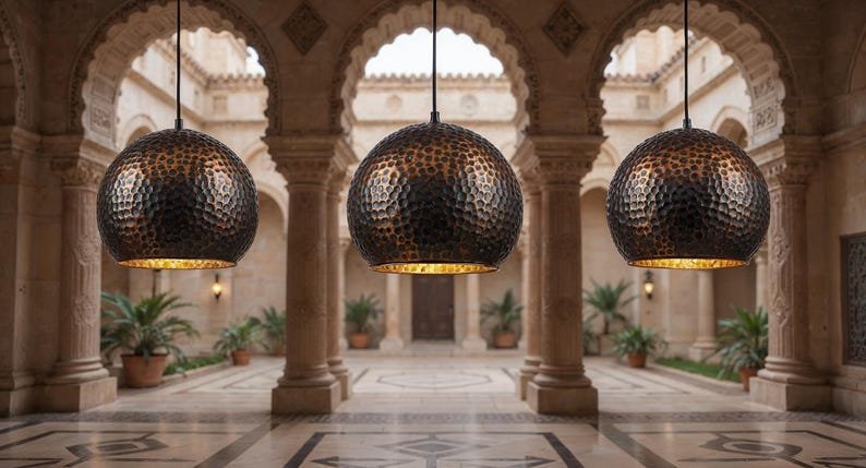 Handcrafted Patina Copper Dome Pendant Light: Rustic Moroccan Lighting