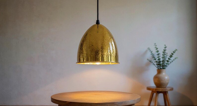 Handmade Brass Dome Pendant Light: Hammered Moroccan Hanging Lamp