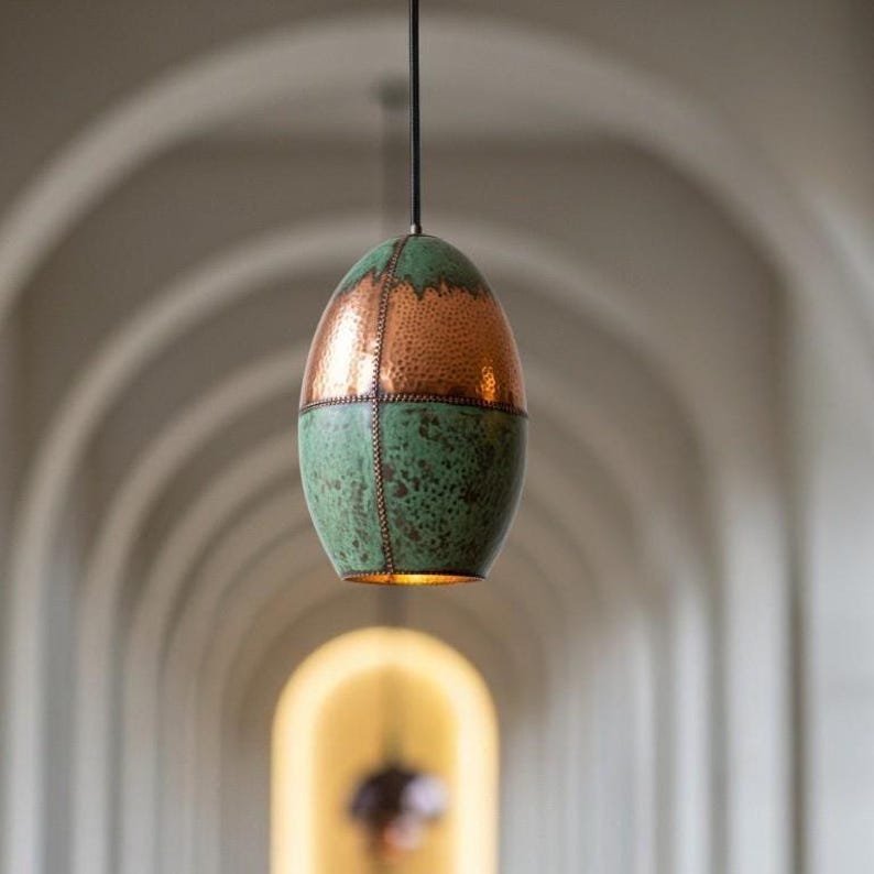 Handmade Green Patina Copper Oval Pendant Light