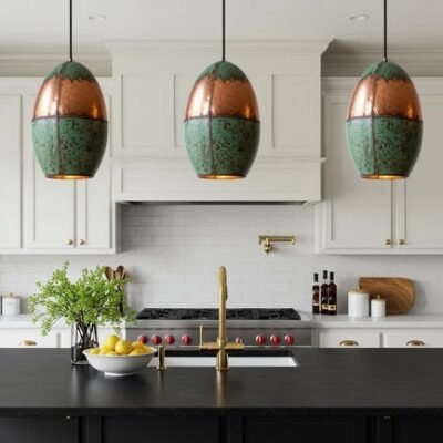 Moroccan Copper & Green Patina Brass Pendant Light - Handmade Oval Ceiling Lamp