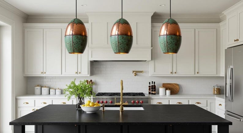 Moroccan Copper & Green Patina Brass Pendant Light - Handmade Oval Ceiling Lamp