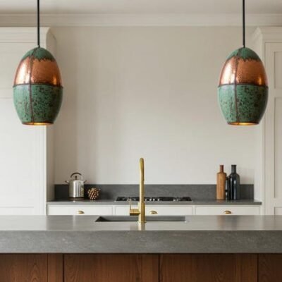 Moroccan Copper & Green Patina Brass Pendant Light - Handmade Oval Ceiling Lamp