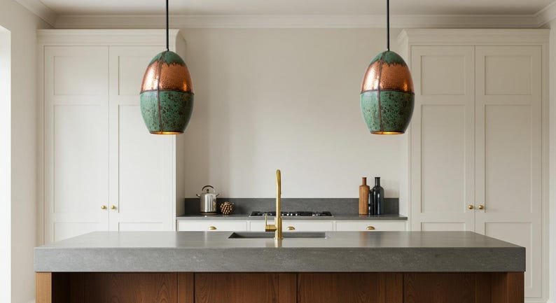 Moroccan Copper & Green Patina Brass Pendant Light - Handmade Oval Ceiling Lamp