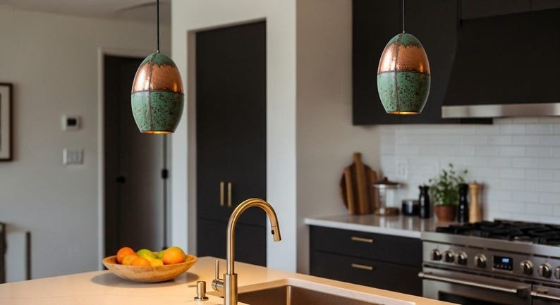 Moroccan Copper & Green Patina Brass Pendant Light - Handmade Oval Ceiling Lamp