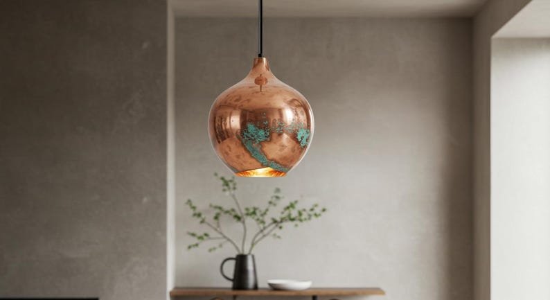 Handmade Rustic Copper Pendant Light, Ceiling Copper Hanging Lighting, Copper Lamp, Green Patina Light, Oxidized Copper Ceiling Light