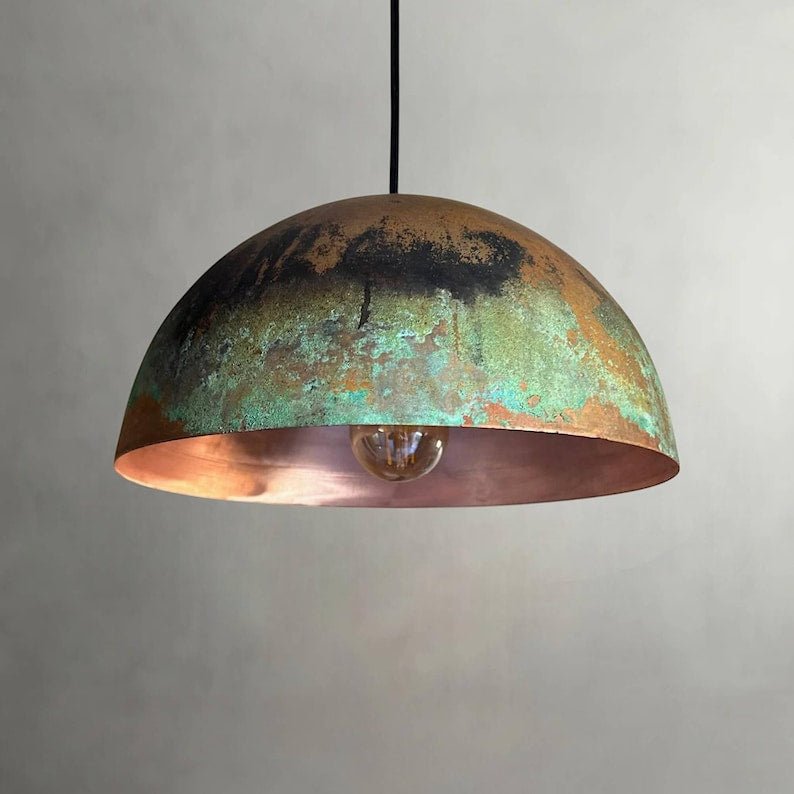 Green Patina Copper Dome Pendant Light – Rustic Oxidized Ceiling Lamp for Home Decor