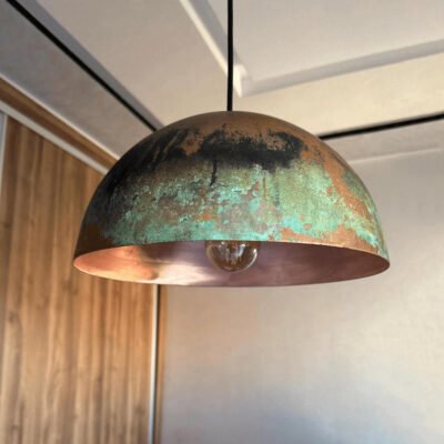 Green Patina Copper Dome Pendant Light – Rustic Oxidized Ceiling Lamp for Home Decor
