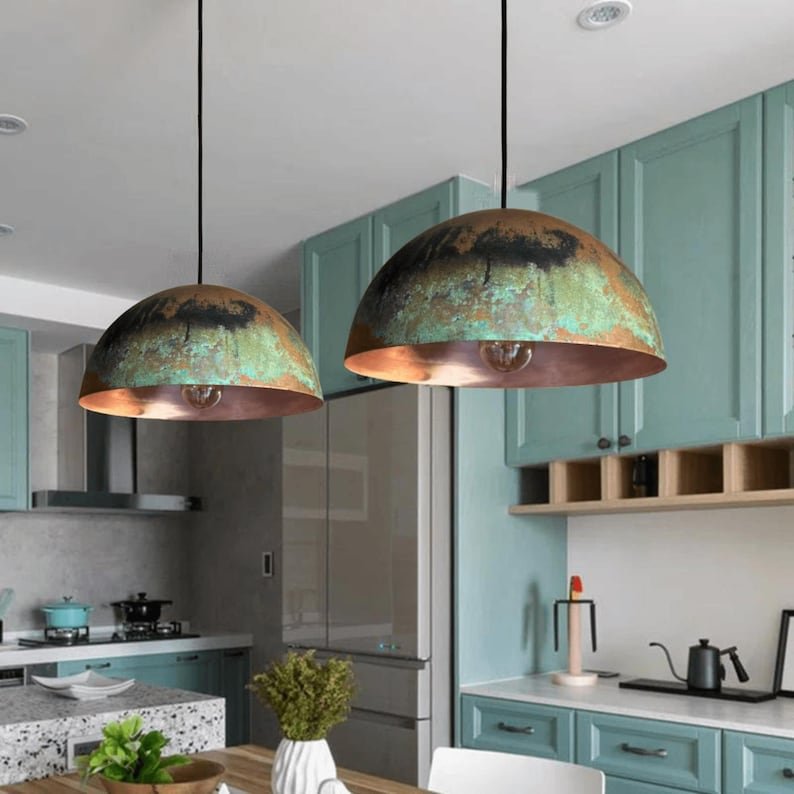 Green Patina Copper Dome Pendant Light – Rustic Oxidized Ceiling Lamp for Home Decor