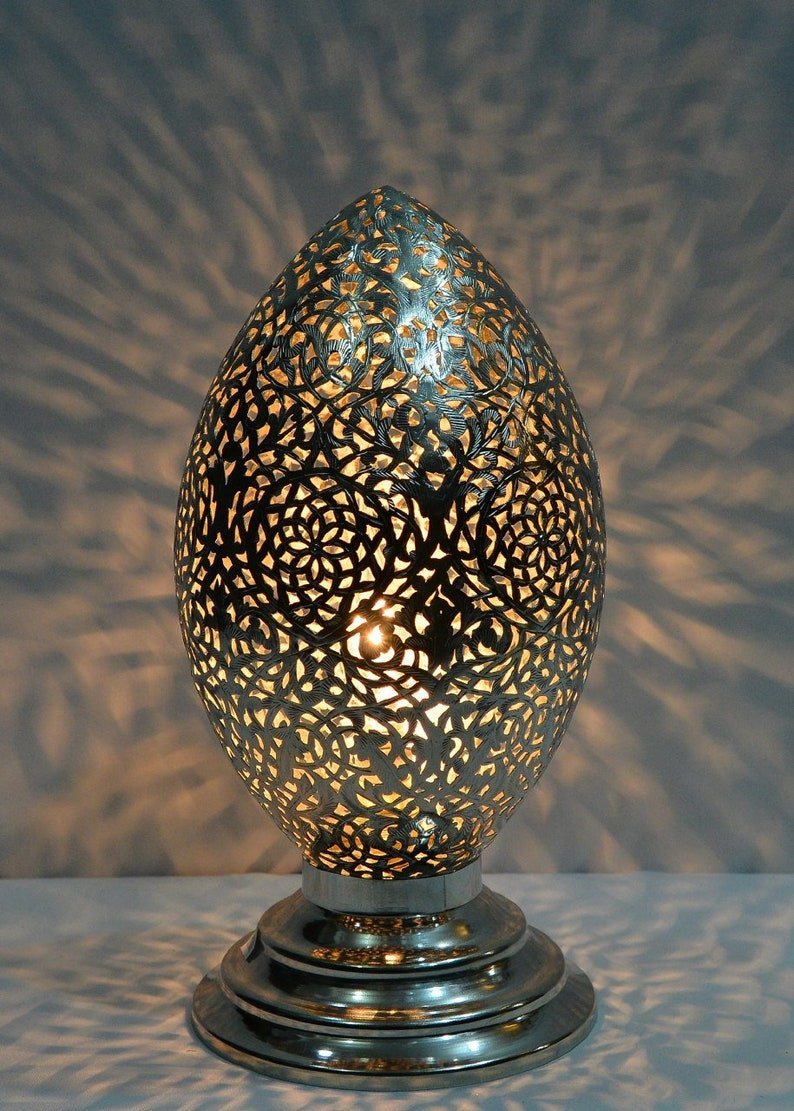 Moroccan Brass Egg Table Lamp Handmade Filigree Shadow Light