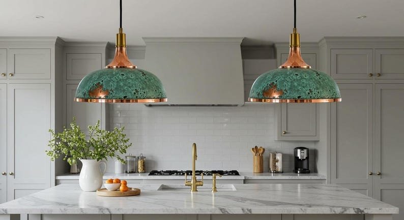 Handmade Copper Dome Pendant Light: Green Patina, Vintage Industrial Style Handmade Copper Dome Pendant Light: Green Patina, Vintage Industrial Style