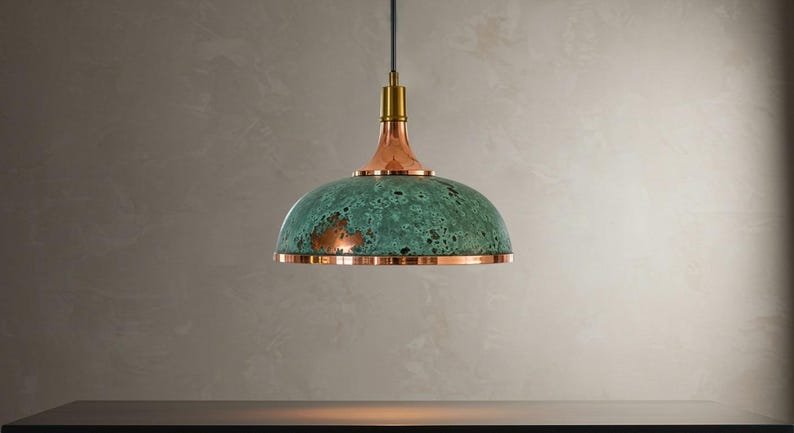 Handmade Copper Dome Pendant Light: Green Patina, Vintage Industrial Style Handmade Copper Dome Pendant Light: Green Patina, Vintage Industrial Style