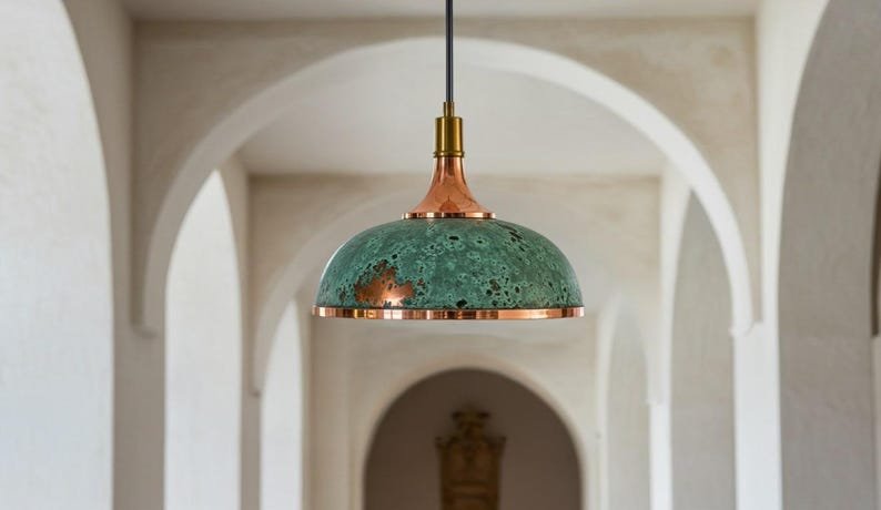Handmade Copper Dome Pendant Light: Green Patina, Vintage Industrial Style Handmade Copper Dome Pendant Light: Green Patina, Vintage Industrial Style