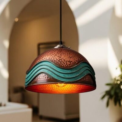 Handmade Moroccan Copper Pendant Light: Green Patina Industrial Hanging Lamp