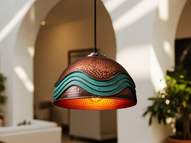 Handmade Moroccan Copper Pendant Light: Green Patina Industrial Hanging Lamp