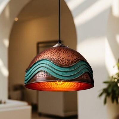 Handmade Moroccan Copper Pendant Light: Green Patina Industrial Hanging Lamp
