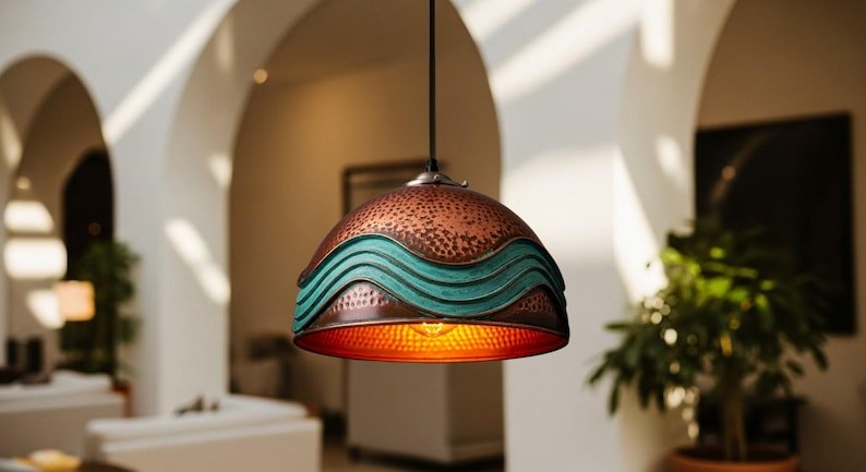Handmade Moroccan Copper Pendant Light: Green Patina Industrial Hanging Lamp