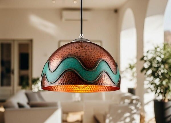 Handmade Green Wave Patina Copper Dome Pendant Light