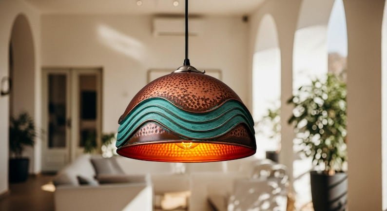 Handmade Moroccan Copper Pendant Light: Green Patina Industrial Hanging Lamp