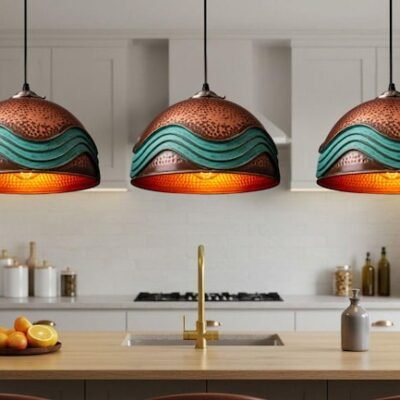 Handmade Moroccan Copper Pendant Light: Green Patina Industrial Hanging Lamp