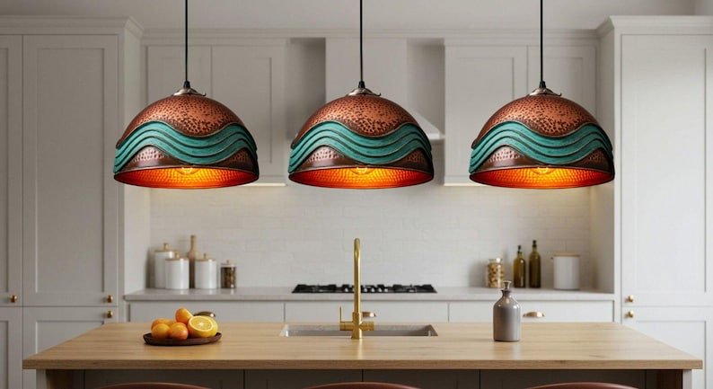 Handmade Moroccan Copper Pendant Light: Green Patina Industrial Hanging Lamp